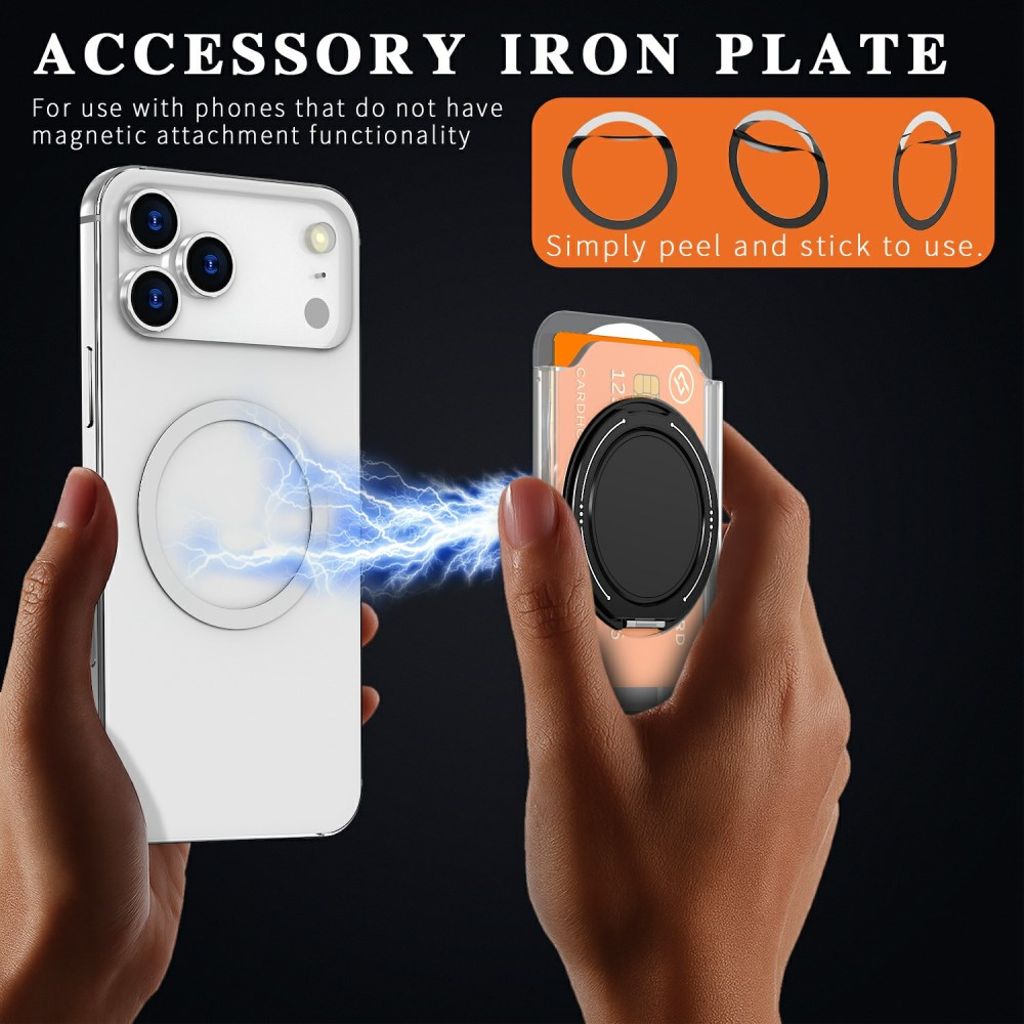 Magnetisk kortholder for mobiltelefon med ringstativ - gjennomsiktig