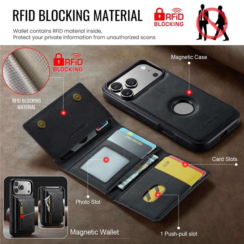 DG.MING iPhone 18 Pro/17 Pro Deksel med Magnetisk Avtakbar Lommebok - Svart