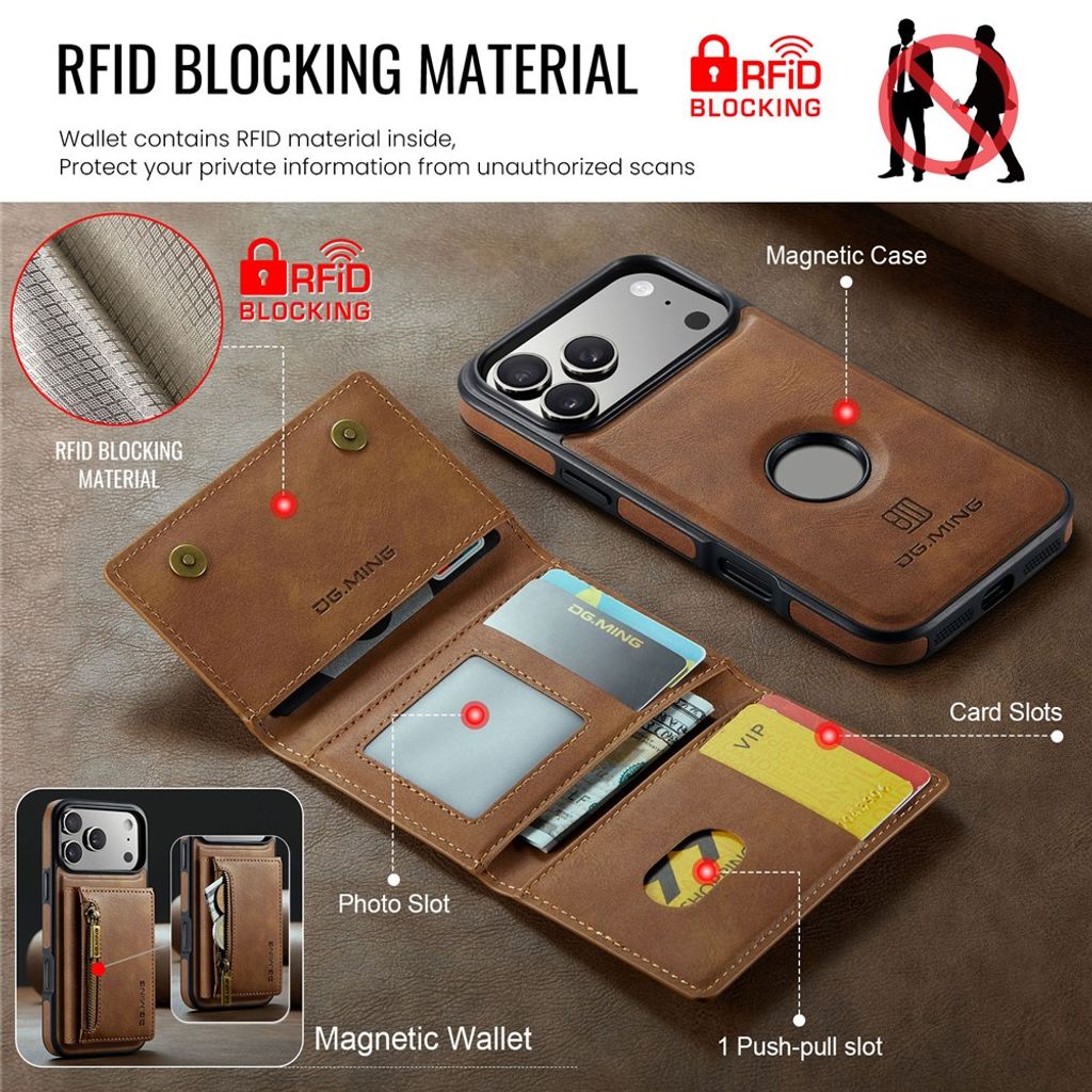 DG.MING iPhone 18 Pro/17 Pro Deksel med Magnetisk Avtakbar Lommebok - Brun
