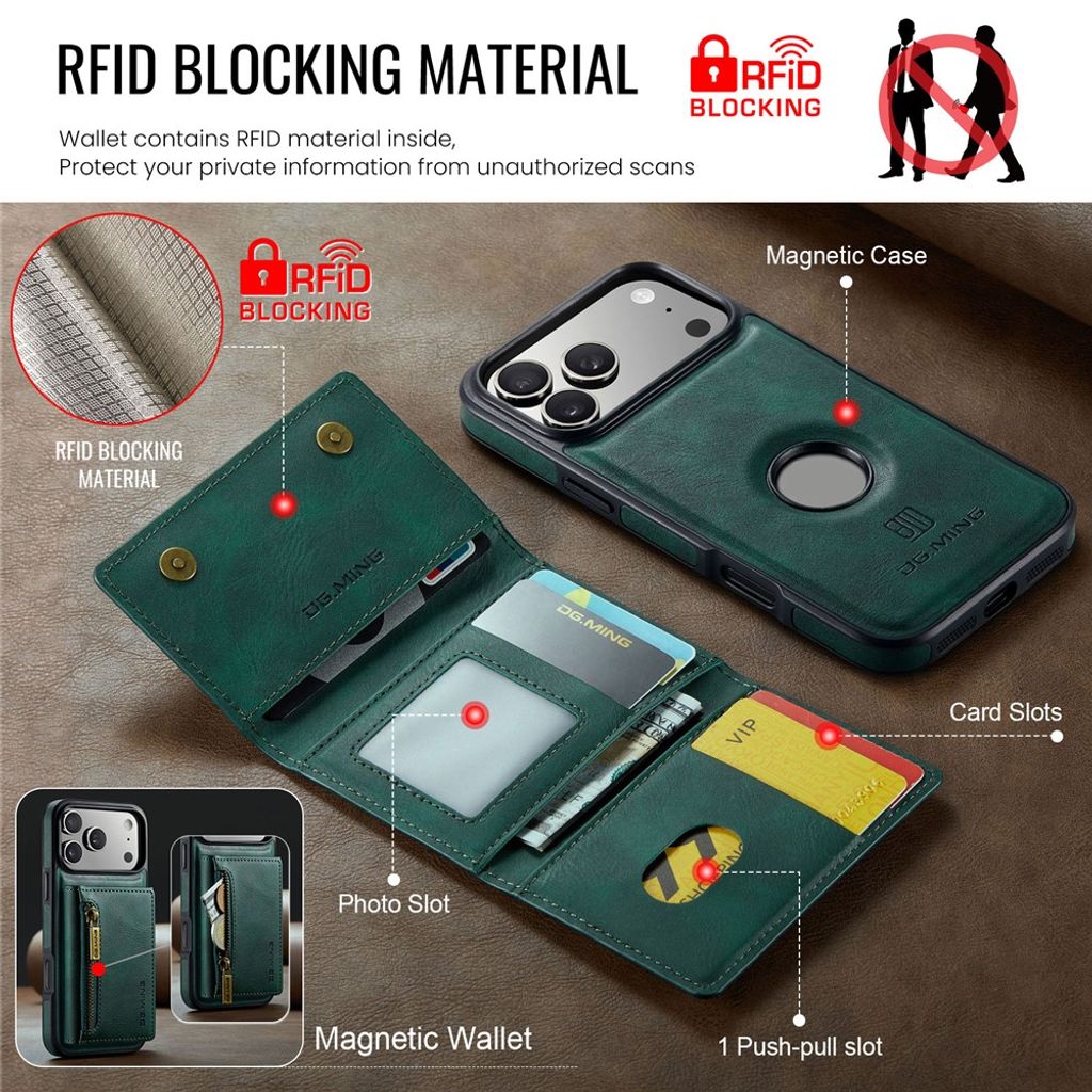 DG.MING iPhone 18 Pro/17 Pro Deksel med Magnetisk Avtakbar Lommebok - Grønn