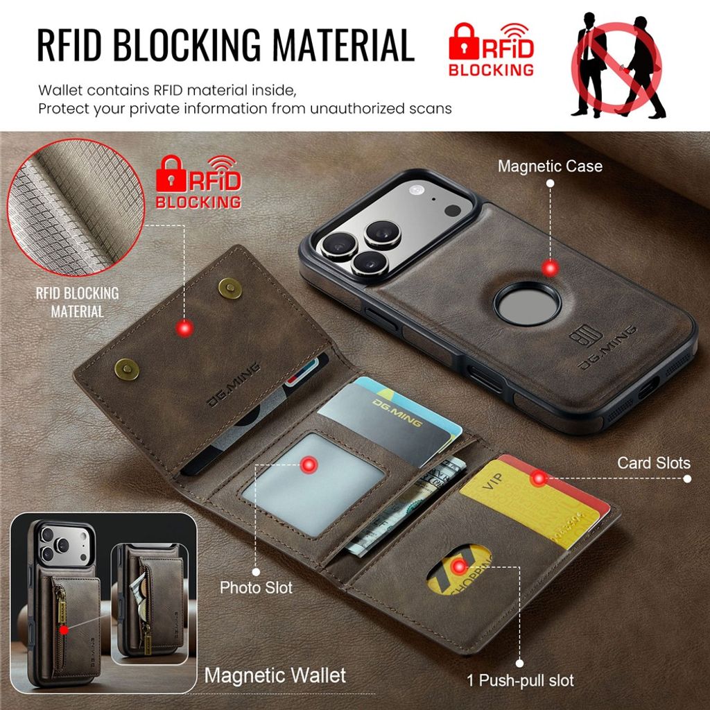 DG.MING iPhone 18 Pro/17 Pro Deksel med Magnetisk Avtakbar Lommebok - Brun