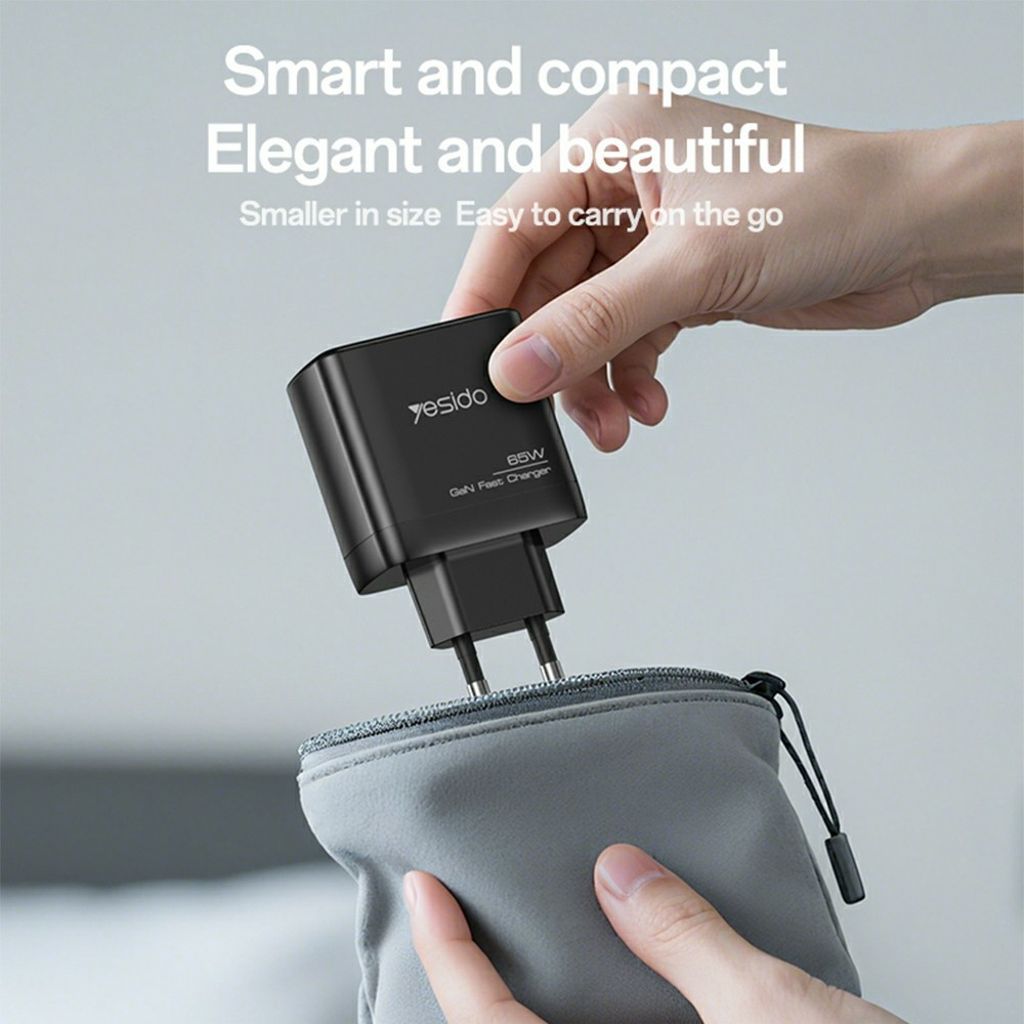 YESIDO YC144C 65W GaN hurtigoplader 2xUSB-C/1xUSB-A med USB-C kabel 1,2m – Sort