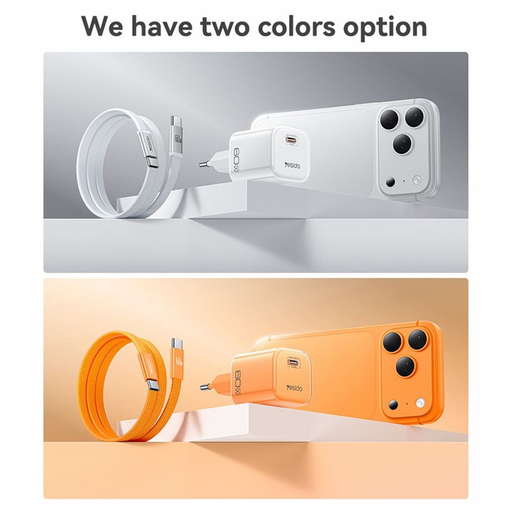 Yesido YC117 60W USB-C GaN-vegglader med USB-C-kabel – oransje