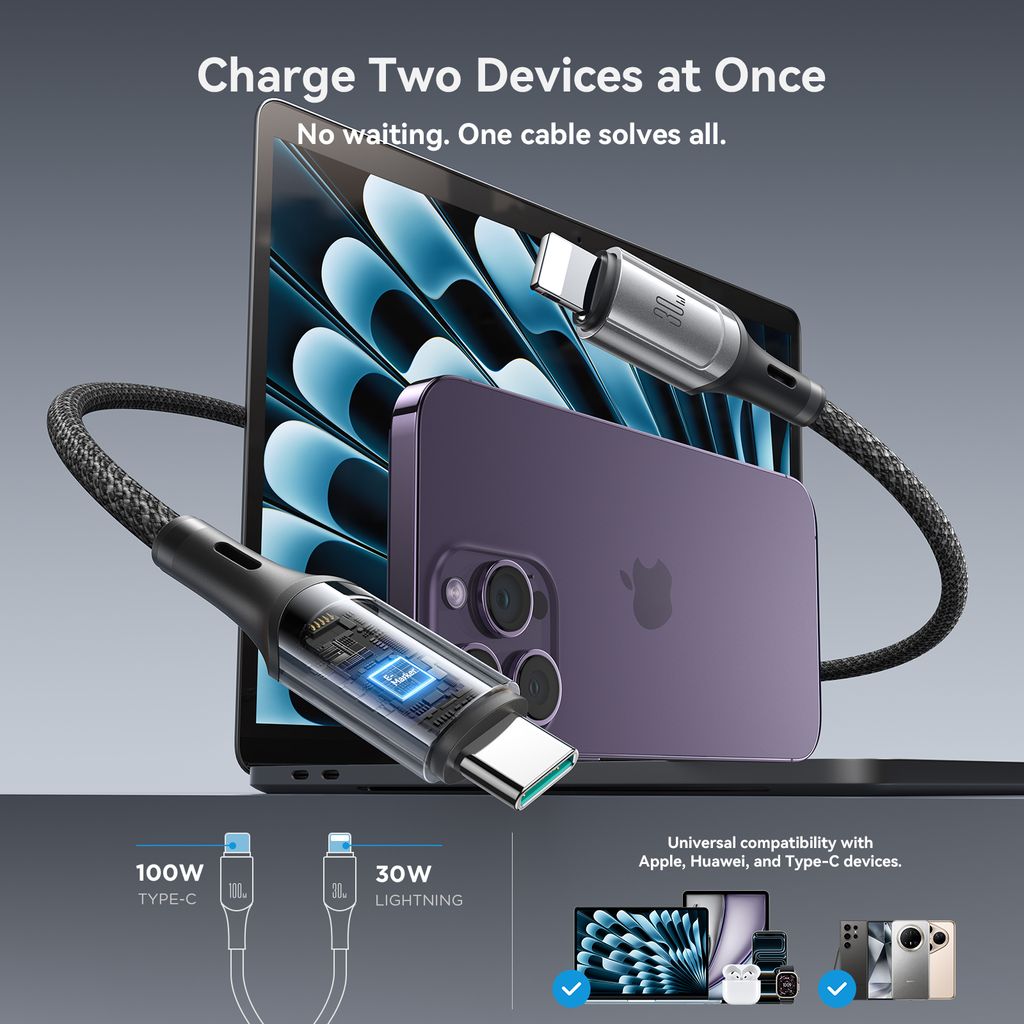 Joyroom S-A57 RapidX-serien hurtigladekabel USB-C til USB-C/Lightning – grå