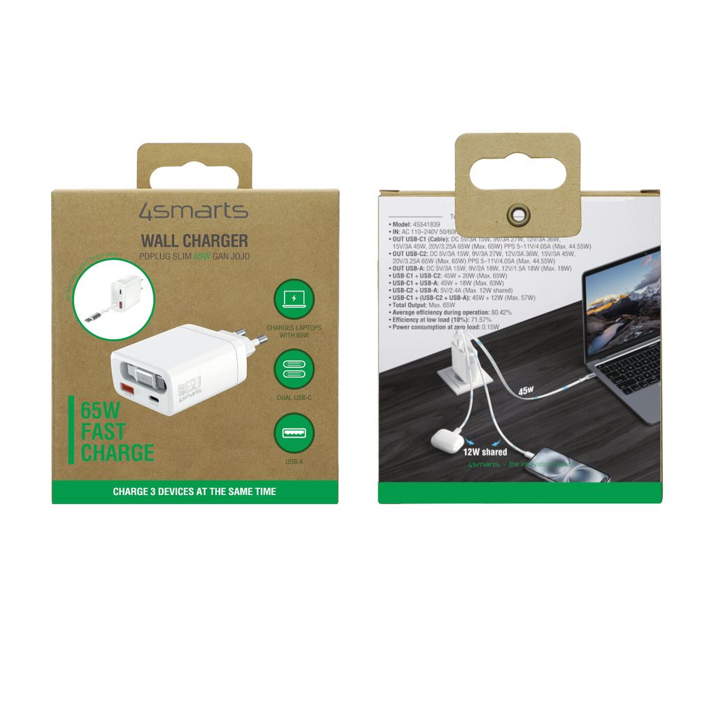 4Smarts PDPlug Jojo 65W vegglader PD GaN med uttrekkbar USB-C-kabel – hvit