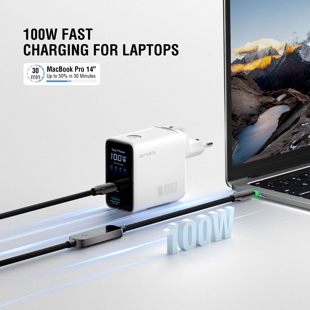 4Smarts GaN 100W Reseadapter/Laddare  EU/US/UK till USB-C/USB-A + USB-C kabel