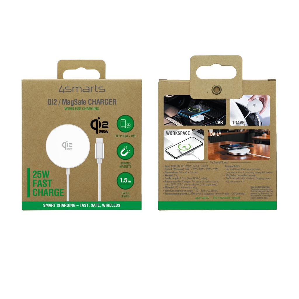 4Smarts Qi2 25W trådlös laddare MagSafe – vit, 1,5 m