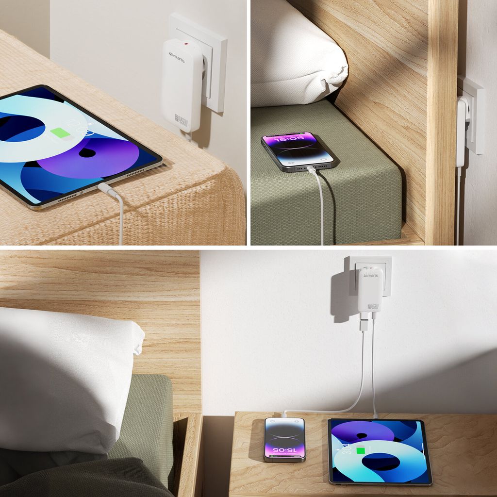 4Smarts FlatPlug Slim Dual 45W GaN 2x USB-C Vegglader – Hvit