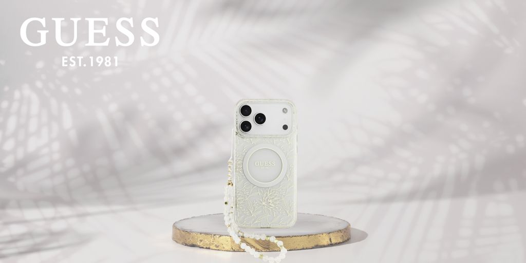 Guess IML Flower MagSafe -kuori helmirannekkeella  iPhone 18 Pro Max/17 Pro Max:lle - Valkoinen