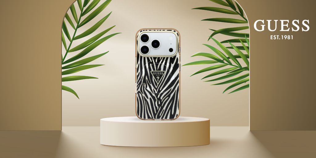 Guess Zebra Glitter Triangle Logo MagSafe -kuori  iPhone 17 Pro/18 Pro Case:lle - Kulta