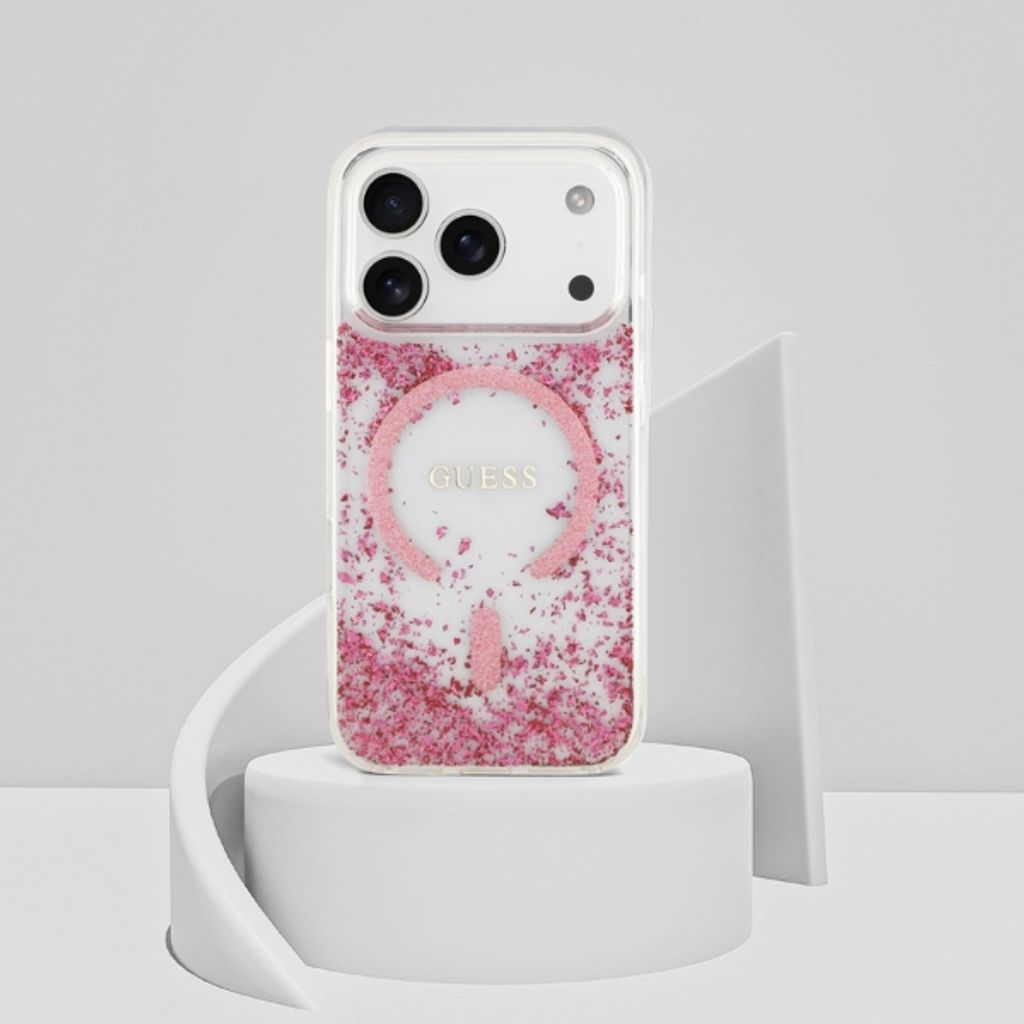 Guess Resin Glitter MagSafe -kuori  iPhone 18 Pro:lle - Vaaleanpunainen