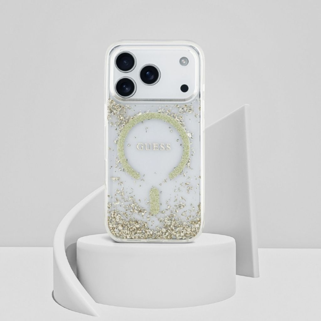 Guess Resin Glitter MagSafe -kuori  iPhone 18 Pro:lle - Kulta