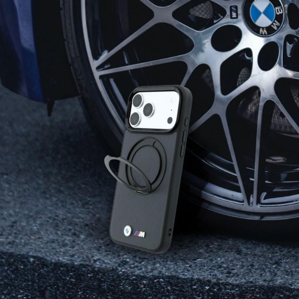 BMW Kevlar Ring Stand 360 MagSafe -kuori till iPhone 18 Pro/17 Pro - Harmaa