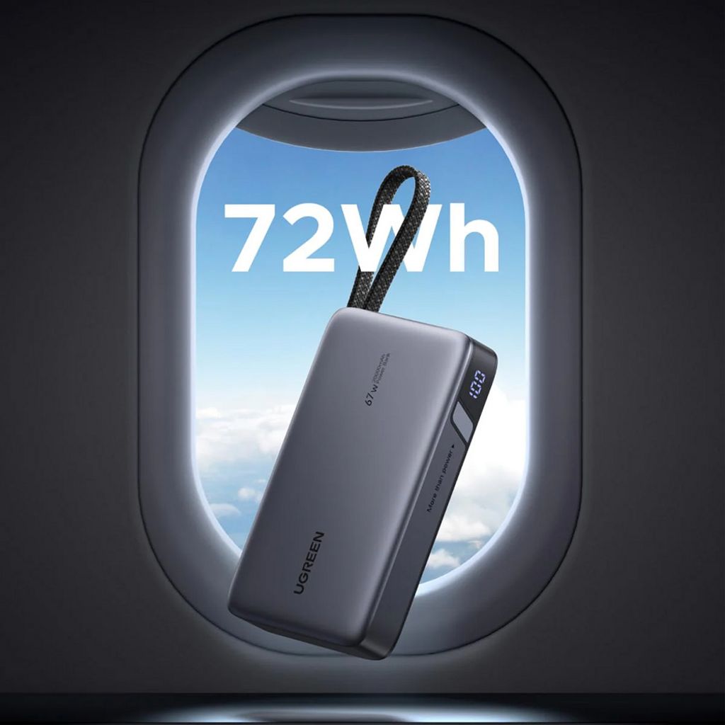 UGREEN Powerbank 20000mAh, 67W, QC + PD med innebygd USB-C-kabel – Grå