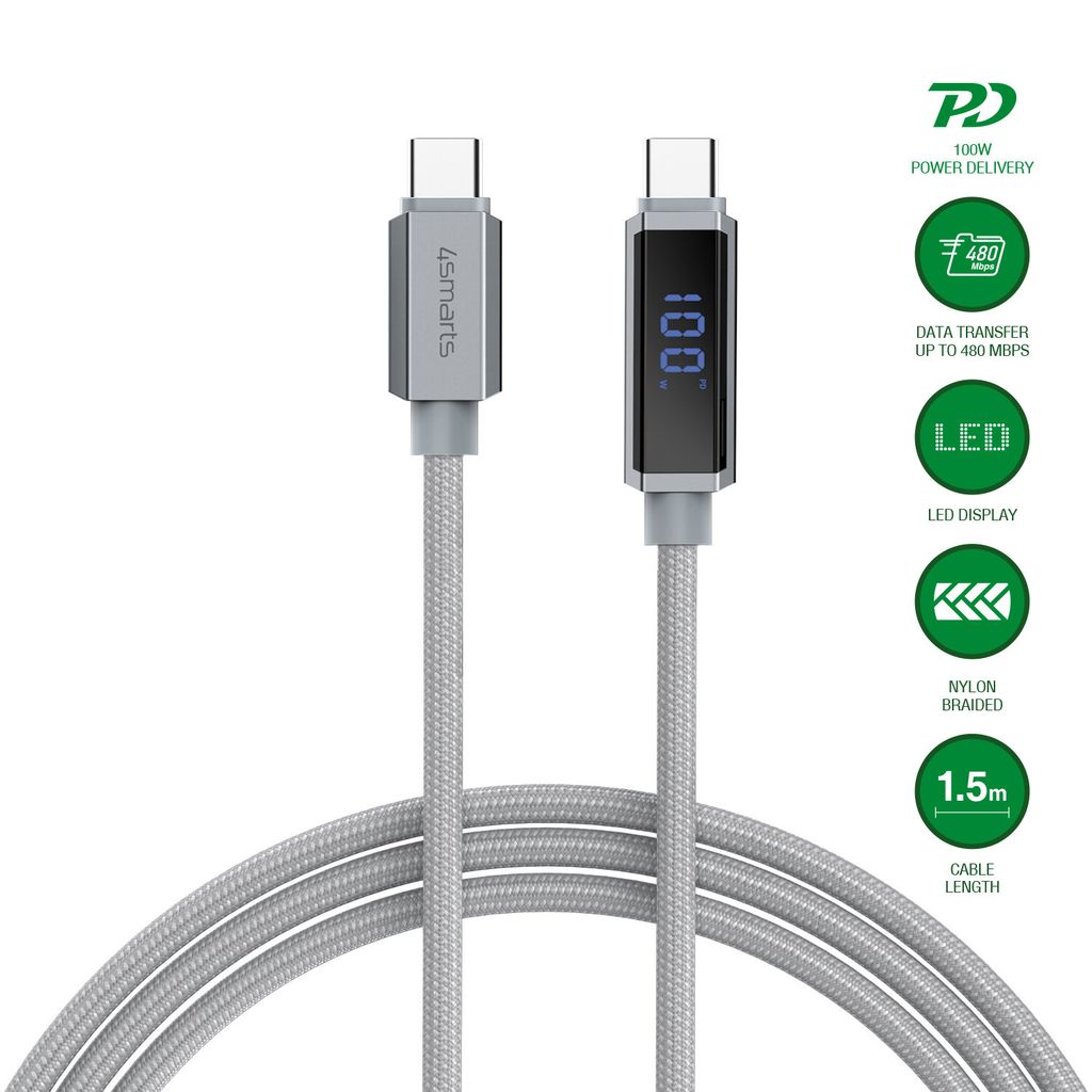 4Smarts DigitCord 100W USB-C-kabel med skjerm – grå