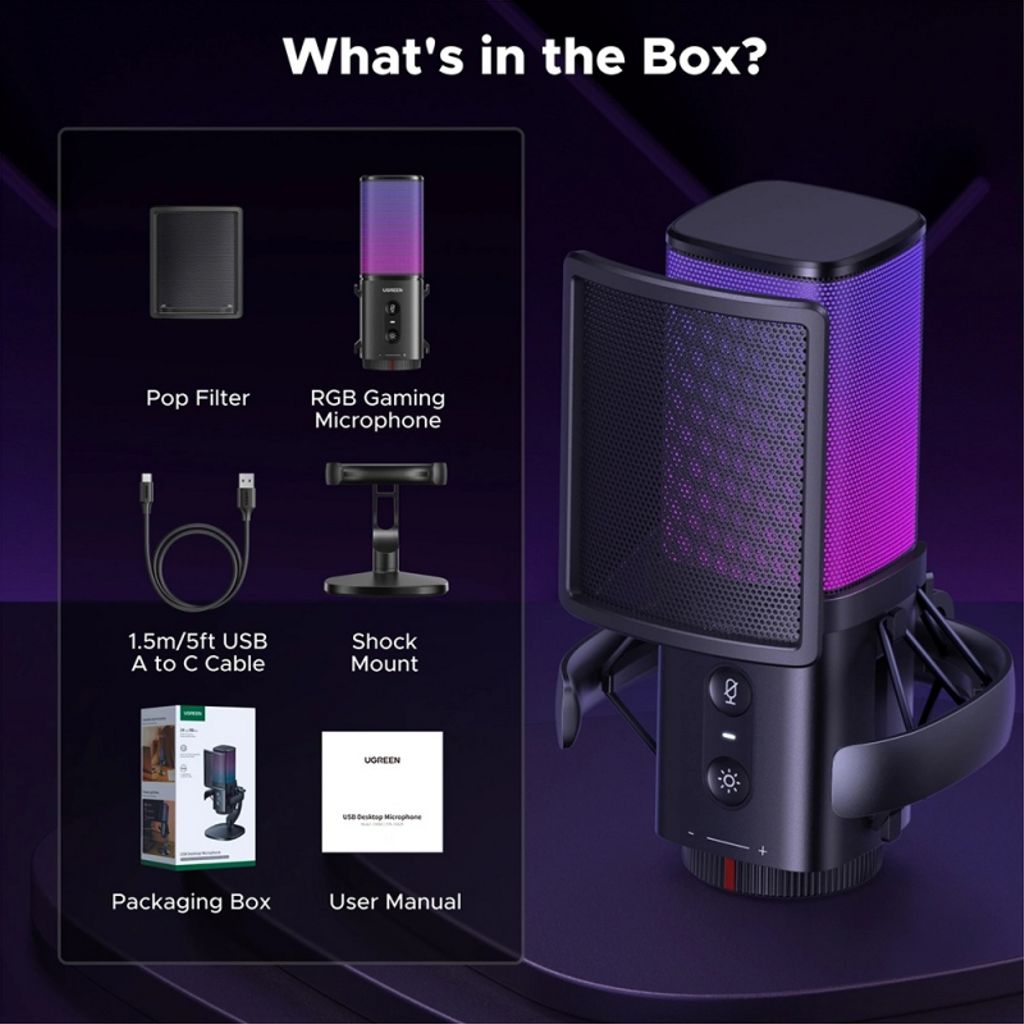 UGREEN CM581 Kardioidmikrofon med RBG-belysning, USB-C, 1,5 m - Svart