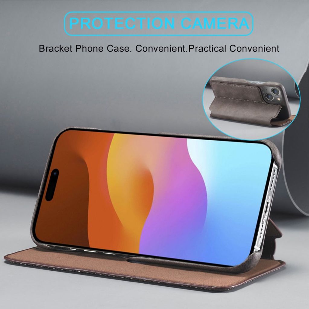 LC.IMEEKE iPhone 15 Plus Kotelo Jalusta - Tummanruskea