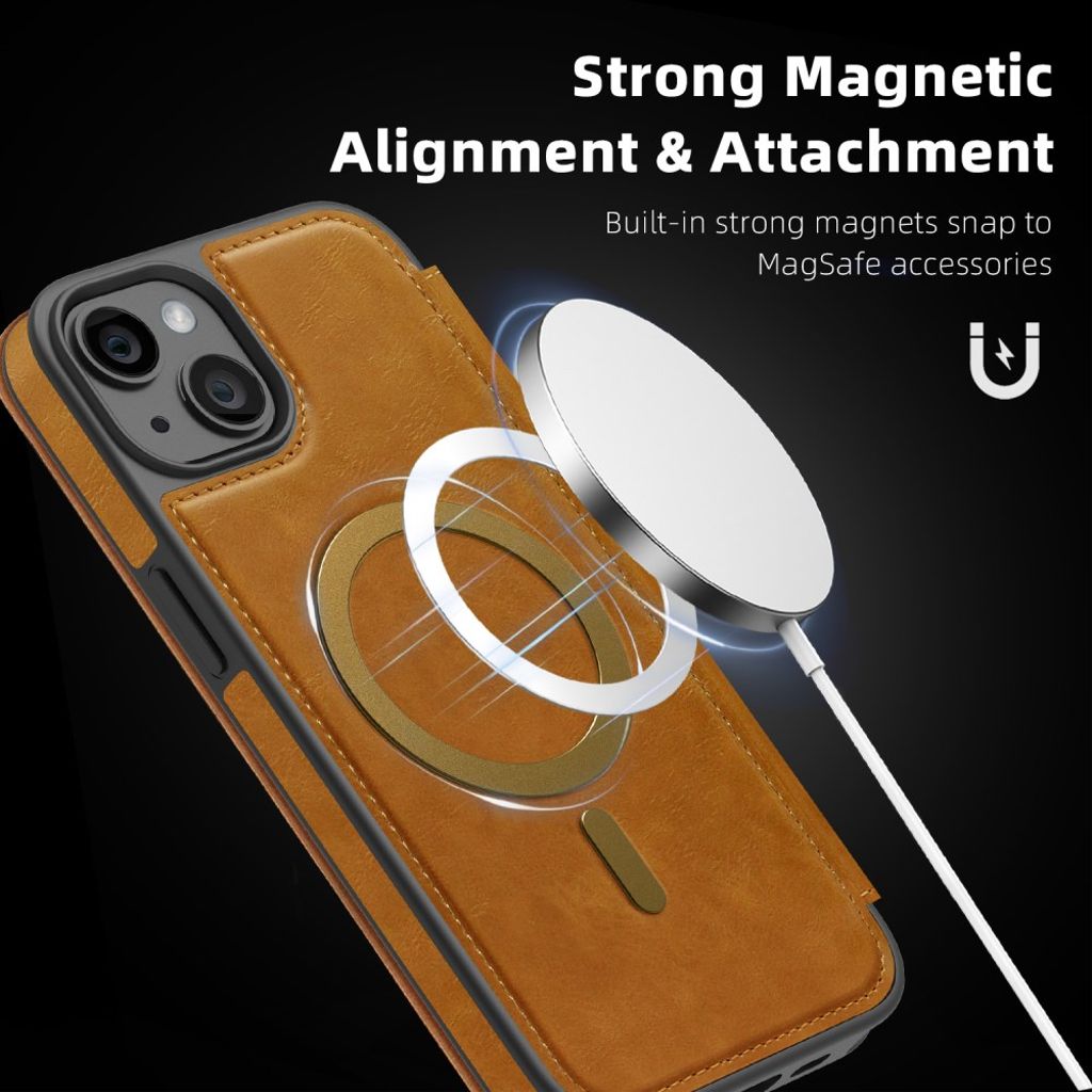 iPhone 14 Plus Plånboksfodral MagSafe RFID-blockerande Korthållare – Brun