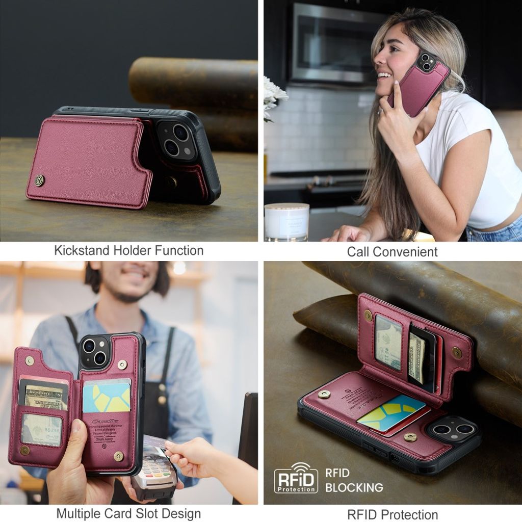 CASEME C22 iPhone 14 RFID-blokerende Cover Kortholder - Rød