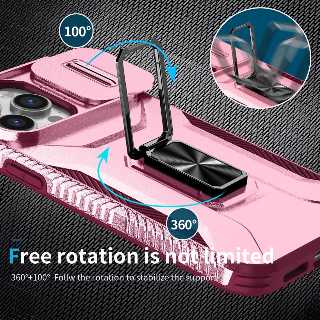 iPhone 14 Pro Max Skal med Skjutbart Kameraskydd & Stativ – Rosa