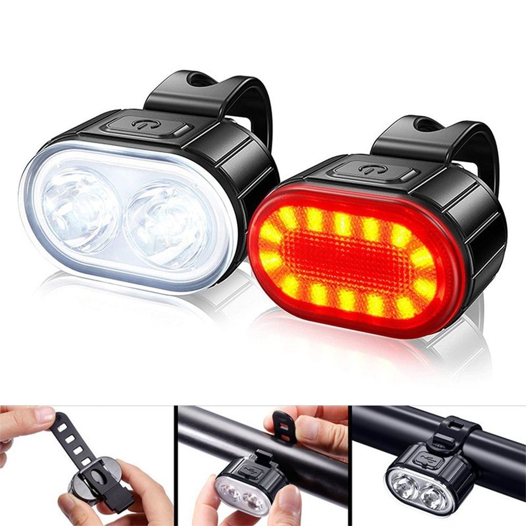 LED Cykkellampa set fram & bak, uppladdningsbar USB