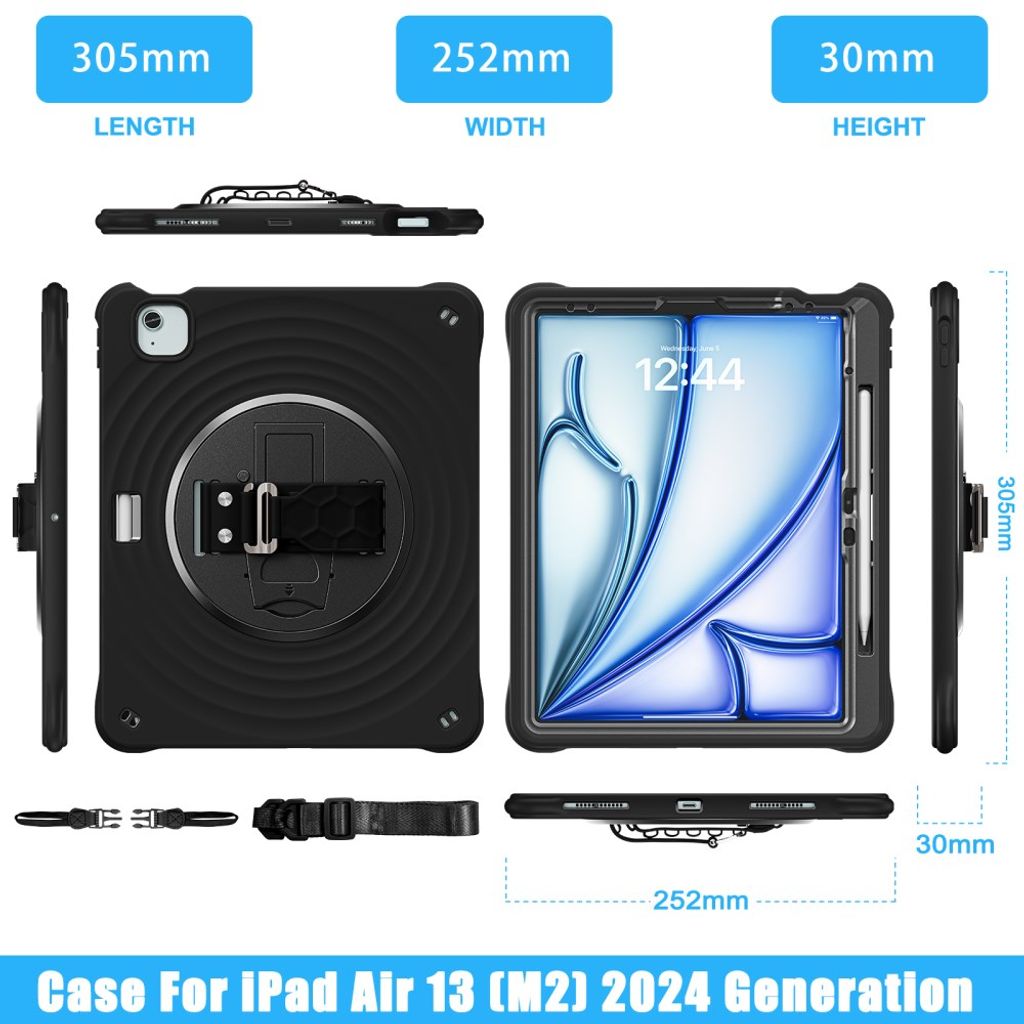iPad Air 13" / Pro 12.9" Cover med standfunktion og skulderrem - Sort