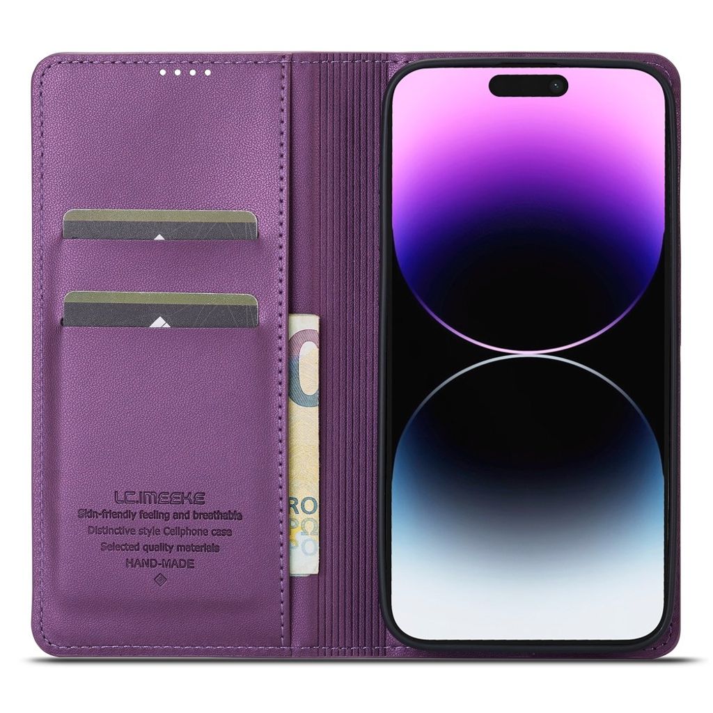 LC.IMEEKE iPhone 14 Pro Wallet Cover Stand PU Leather – Purple