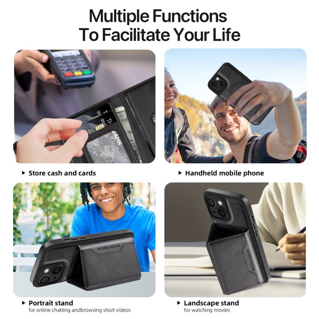 iPhone 15 Magnetic Wallet Case with Detachable Card Holder - Black