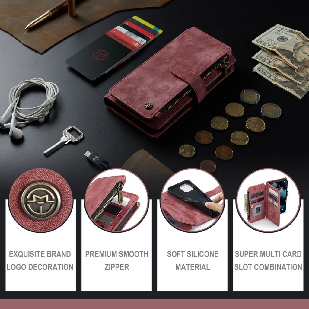 CASEME iPhone 13 Wallet Cover Card Holder Strap PU Leather - Red