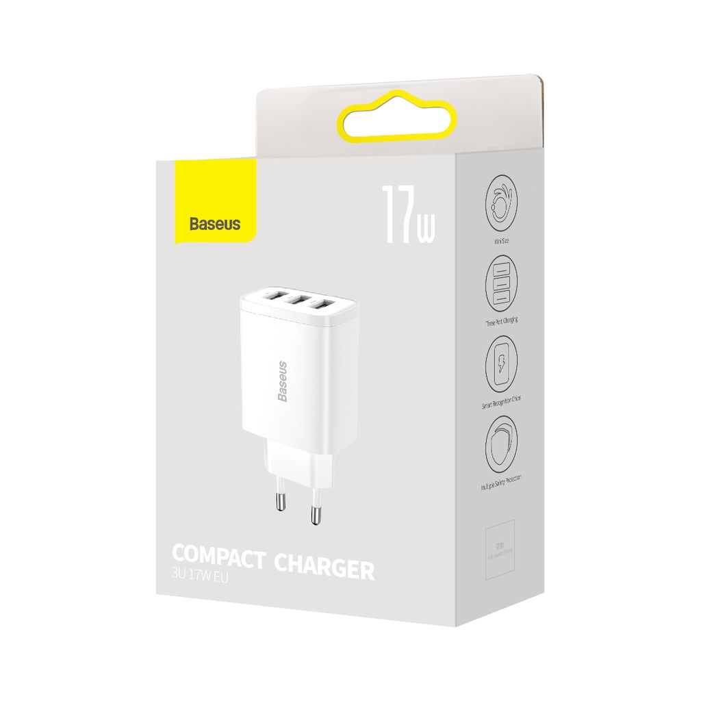 Baseus Compact charger 3x USB 17W vit