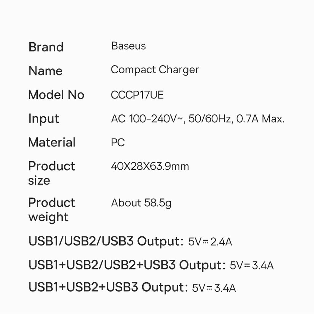 Baseus Compact charger 3x USB 17W vit