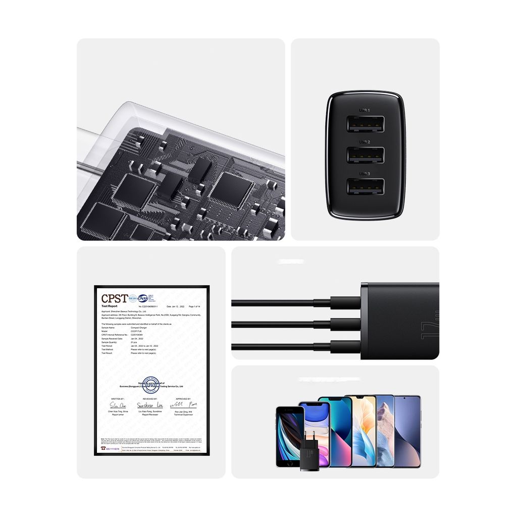 Baseus Compact charger 3x USB 17W vit