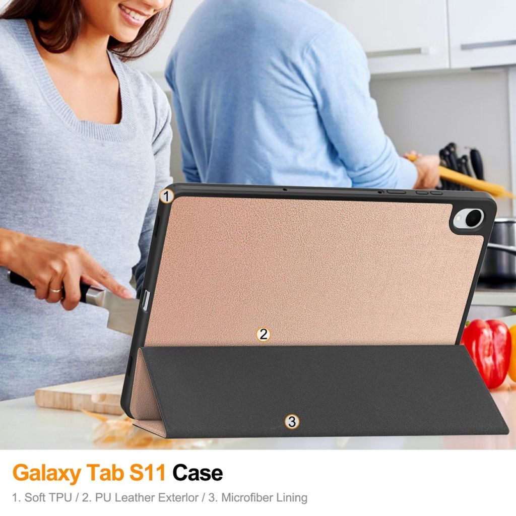 Samsung Galaxy Tab S11 jalustakotelo kynäpaikalla – ruusukulta