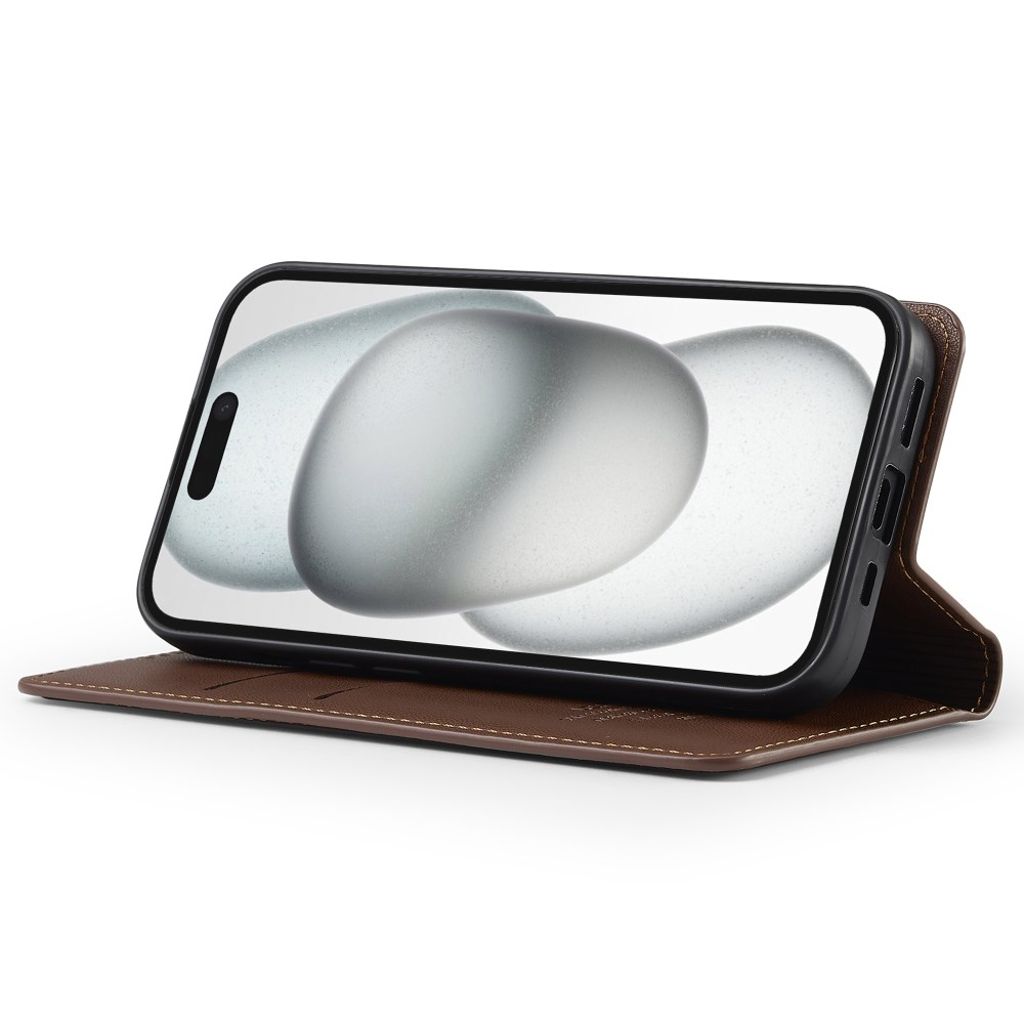 LC.IMEEKE iPhone 15 Wallet Cover Stand PU Leather - Brown