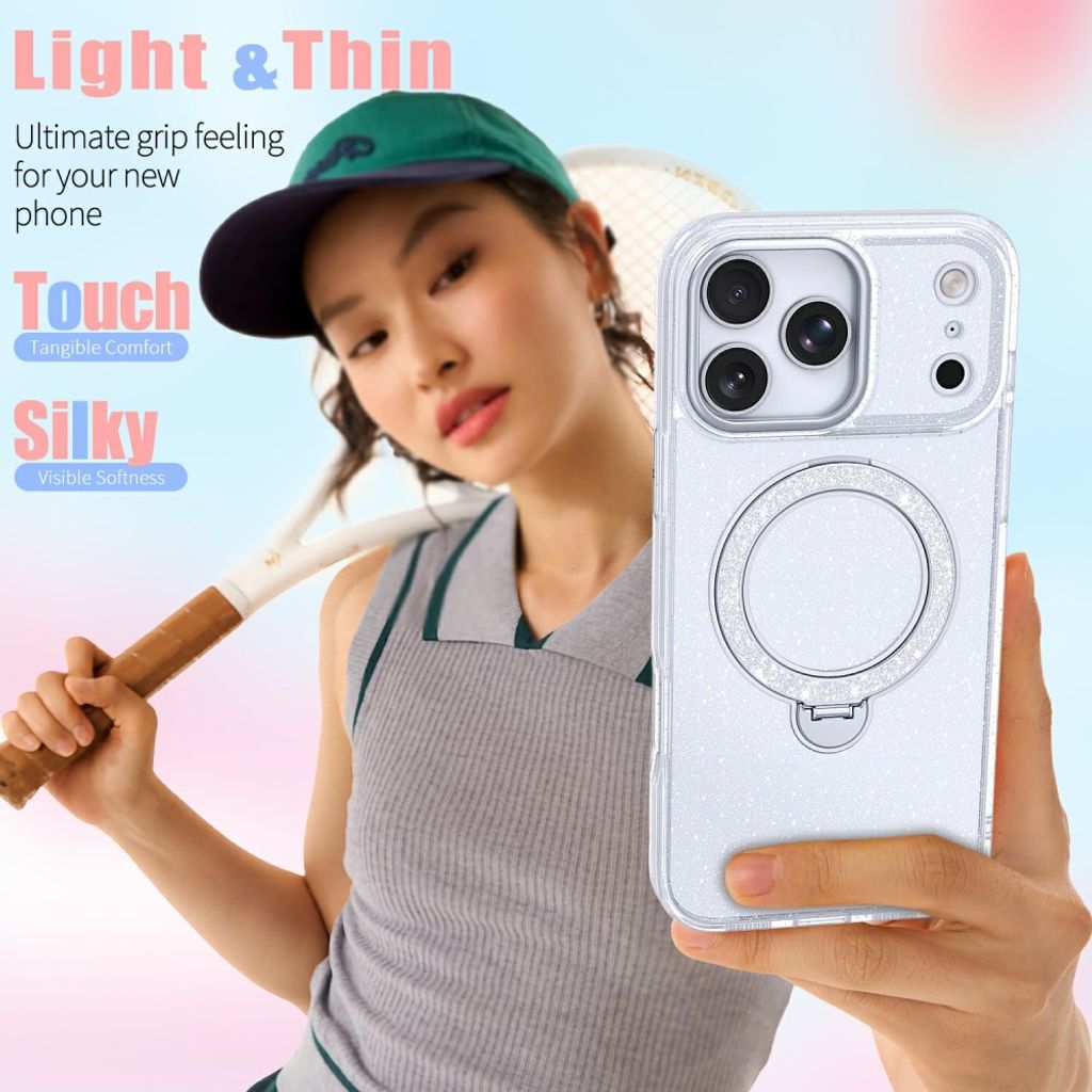 iPhone 18 Pro Max/17 Pro Max MagSafe Skal Glitter med Stativ - Silver