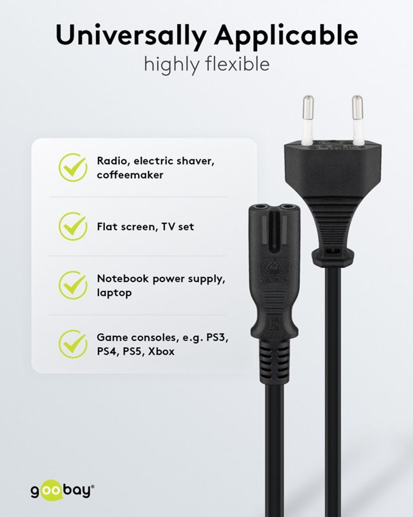 Goobay Strömkabel Europlug CEE 7/16 till 2-pin C7 – 5 m, svart