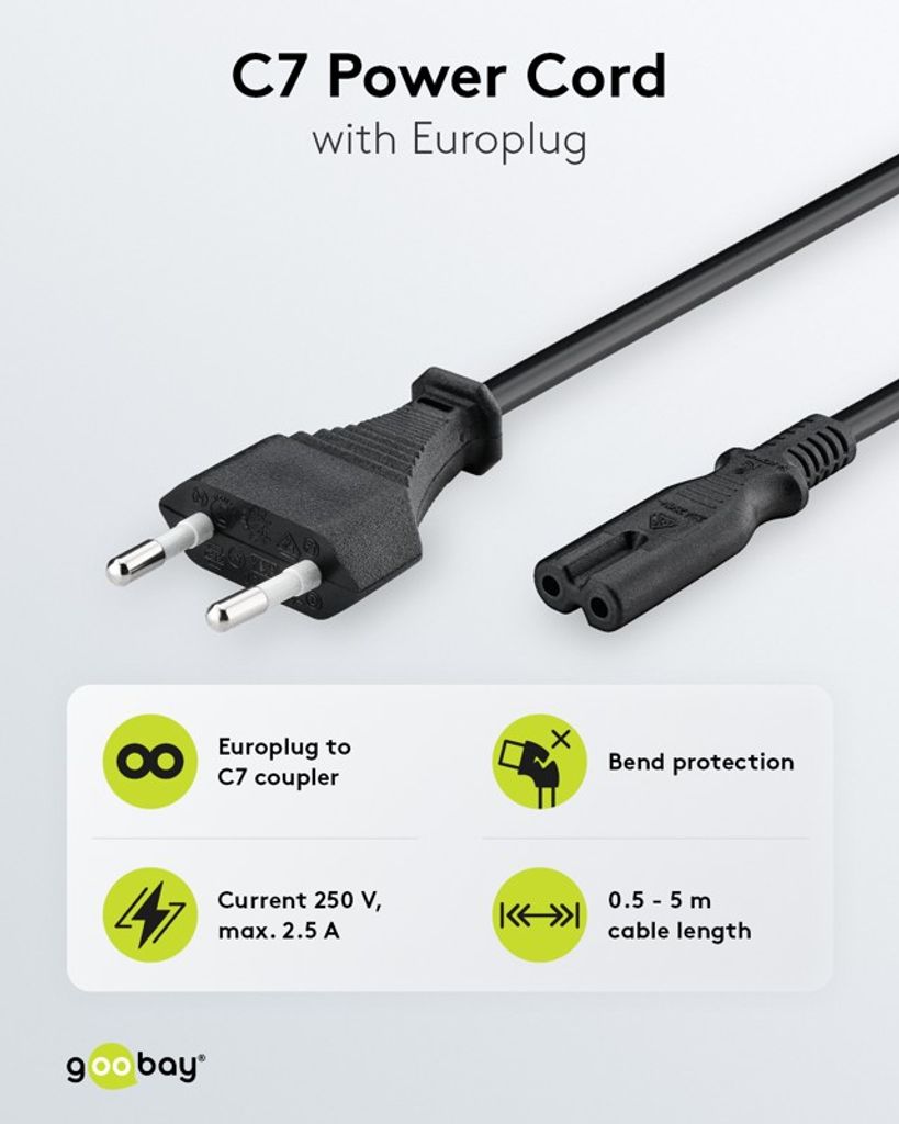 Goobay Strömkabel Europlug CEE 7/16 till 2-pin C7 – 5 m, svart