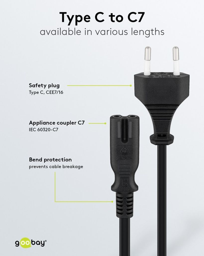 Goobay Strömkabel Europlug CEE 7/16 till 2-pin C7 – 5 m, svart