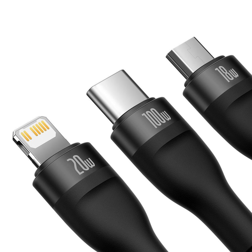 Baseus Flash Series II kabel 3-i-1 USB-C/Lightning/micro USB 100W 1,5 m sort
