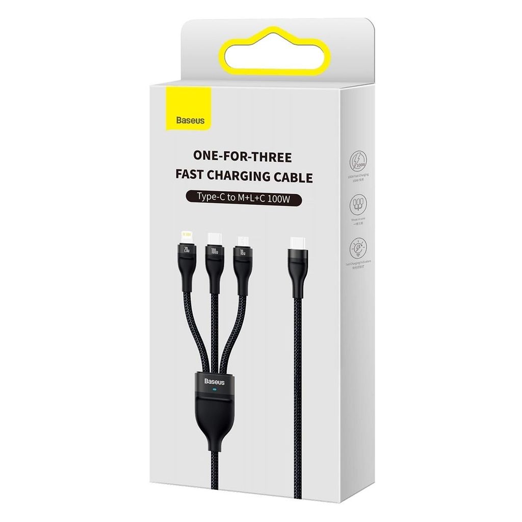Baseus Flash Series II kabel 3-i-1 USB-C/Lightning/micro USB 100W 1,5 m sort