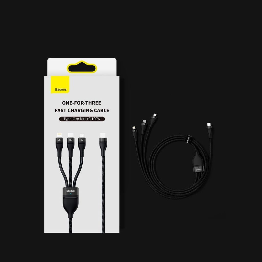 Baseus Flash Series II kabel 3-i-1 USB-C/Lightning/micro USB 100W 1,5 m sort