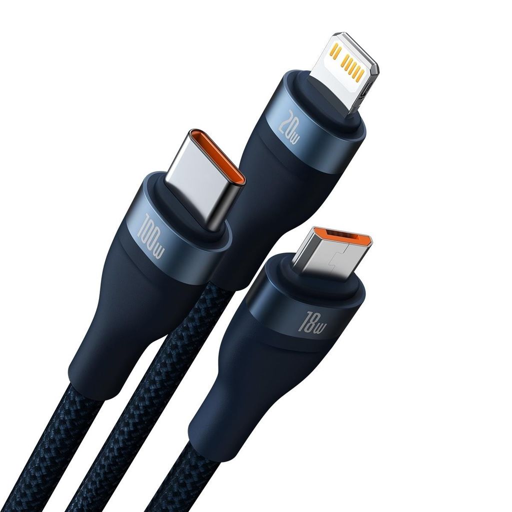 Baseus Flash Series II monikaapeli 100 W USB-A/USB-C - USB-C/Lightning/micro USB, 1,2 m, sininen