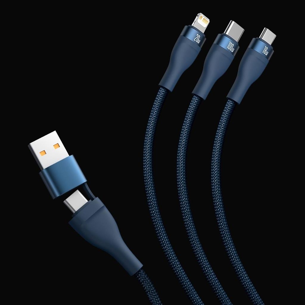 Baseus Flash Series II monikaapeli 100 W USB-A/USB-C - USB-C/Lightning/micro USB, 1,2 m, sininen