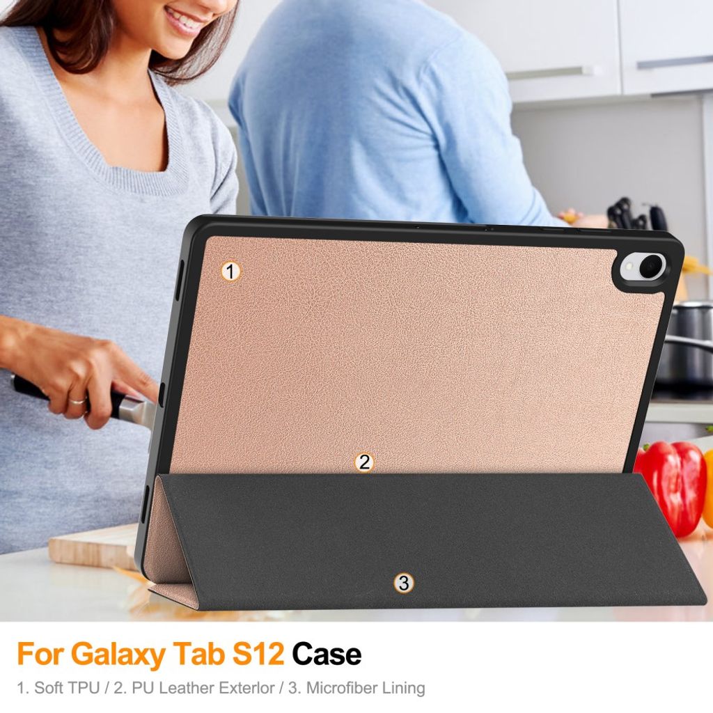 Samsung Galaxy Tab S12 Plus Fodral med stativ och pennfack - Roséguld