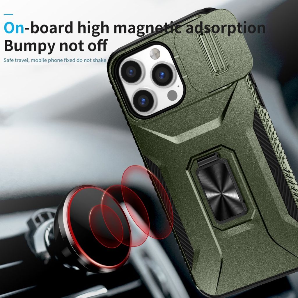 iPhone 14 Pro Max Skal med Skjutbart Kameraskydd och Stativ – Grön