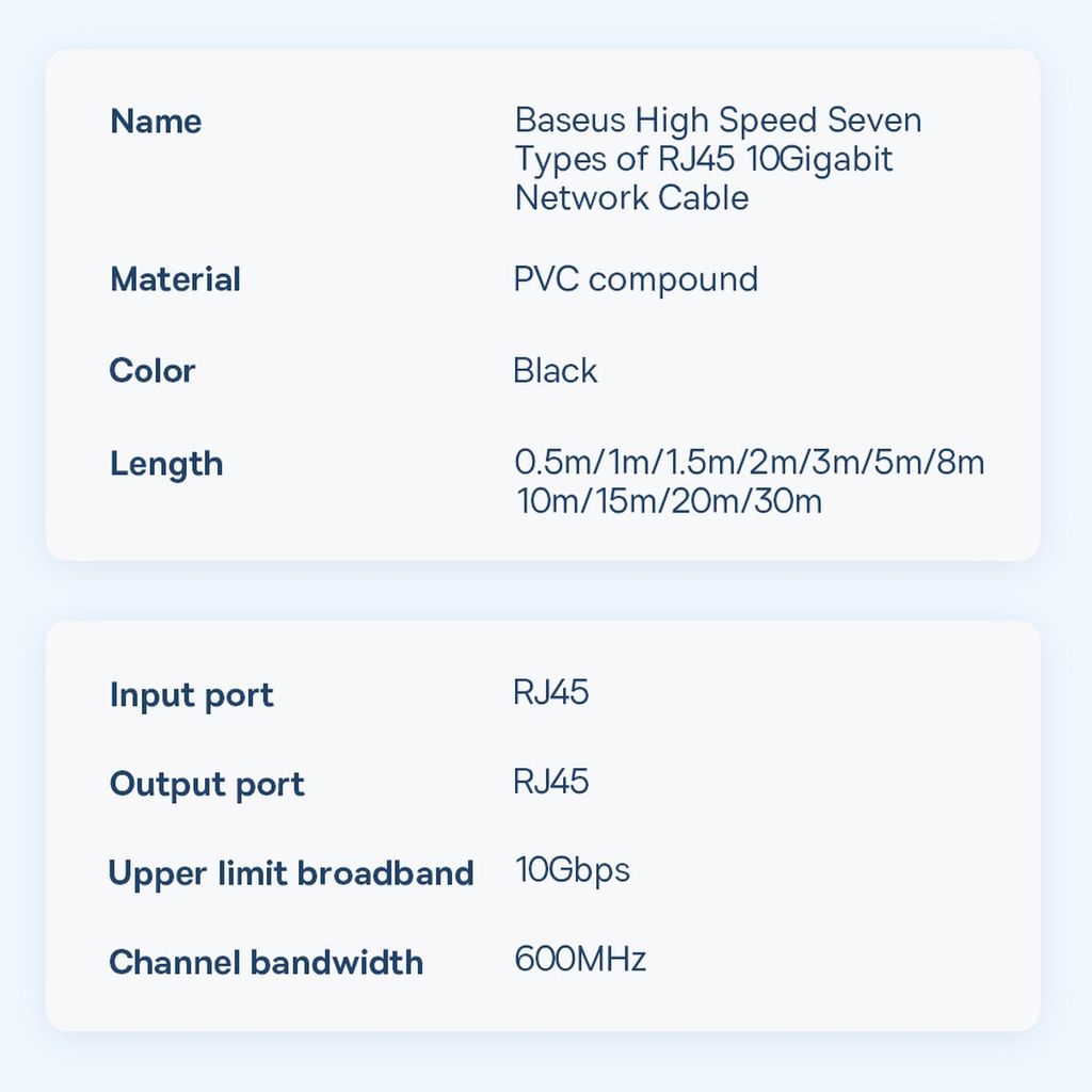Baseus Speed Seven High Speed RJ45 nettverkskabel 10Gbps 1m svart