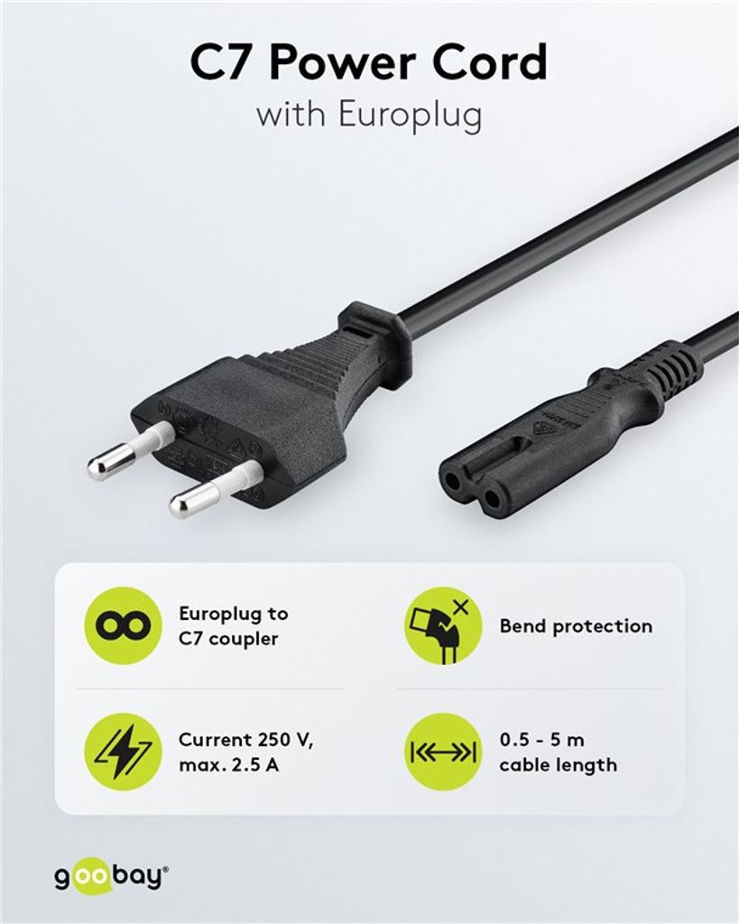 Goobay strømkabel med EU-plugg til C7, 0,5 m – svart