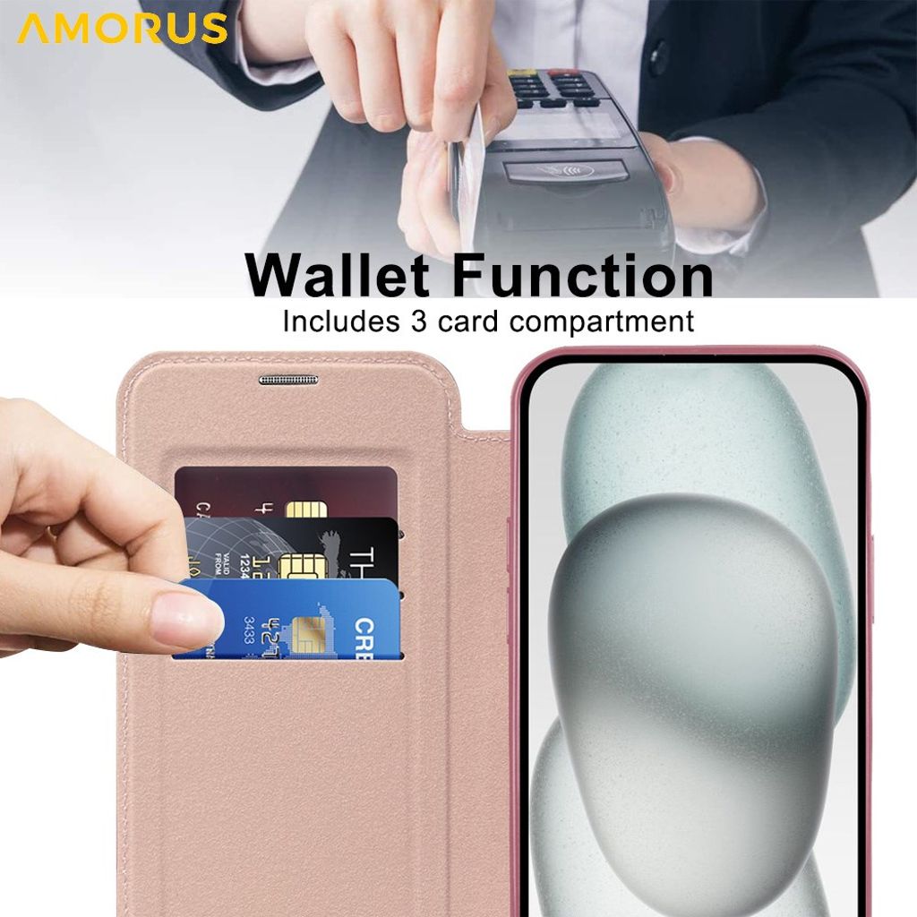 AMORUS iPhone 14 MagSafe RFID Kortholder Pungetui - Lyserød