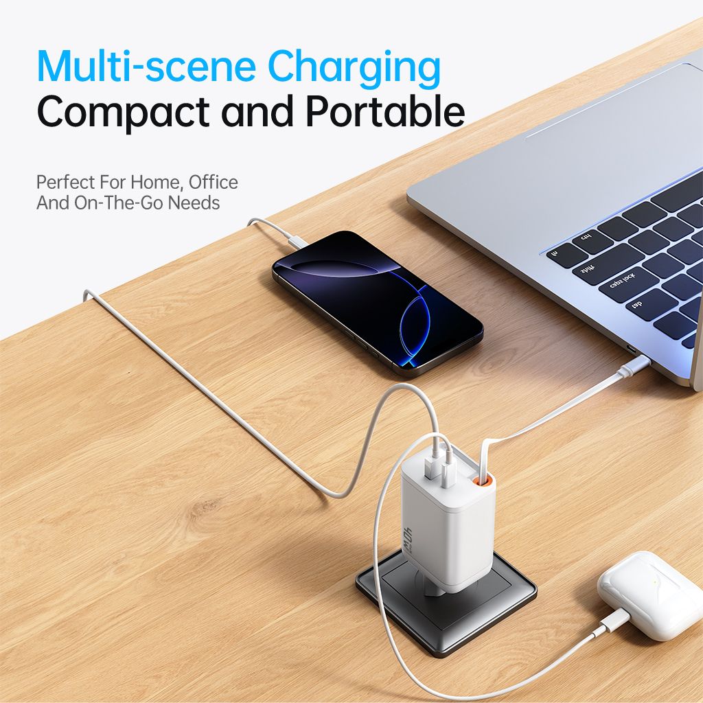 SiGN GaN hurtiglader USB-C/USB-A 40W med forlengbar USB-C-kabel - Hvit