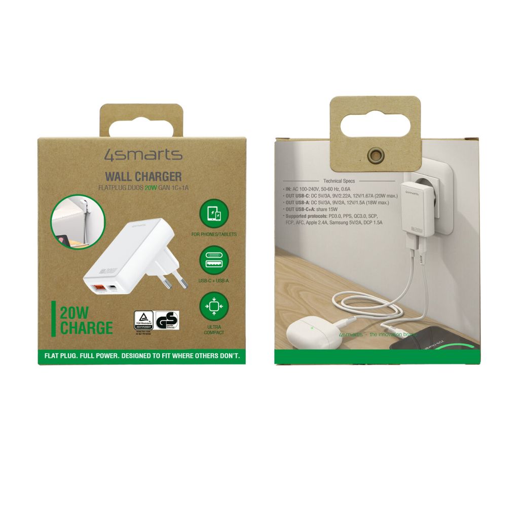 4Smarts Vegglader FlatPlug Duos 20W GaN – USB-C/USB-A – Hvit